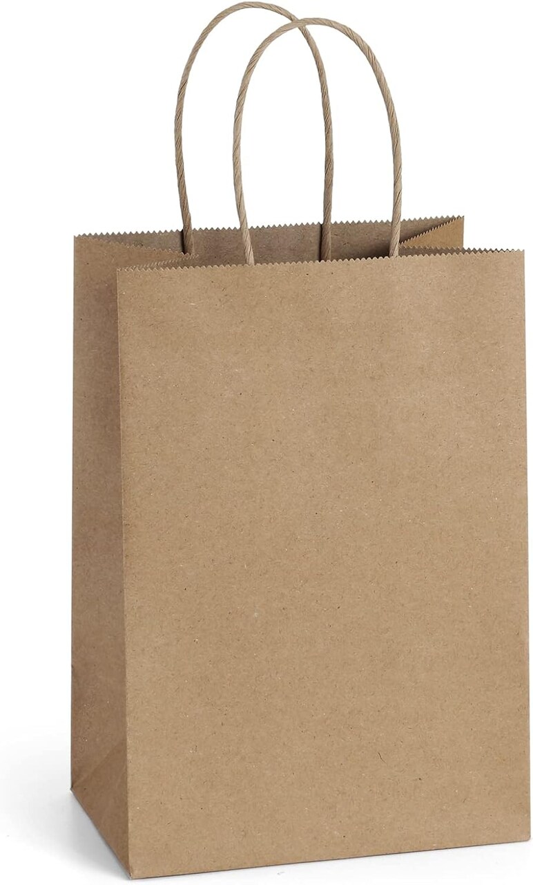 Gift Bags 100Pcs 5.25x3x8 Small Kraft Paper Gift Bags with Handles Bulk, Brown Paper Sacks for Small Business, Retail, Merchandise, Wedding Birthday Party Favor